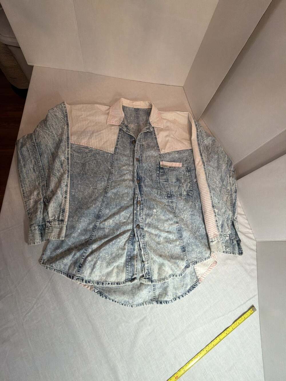 Vintage Acid Wash Denim and Striped Panel Long Sleeve Shirt